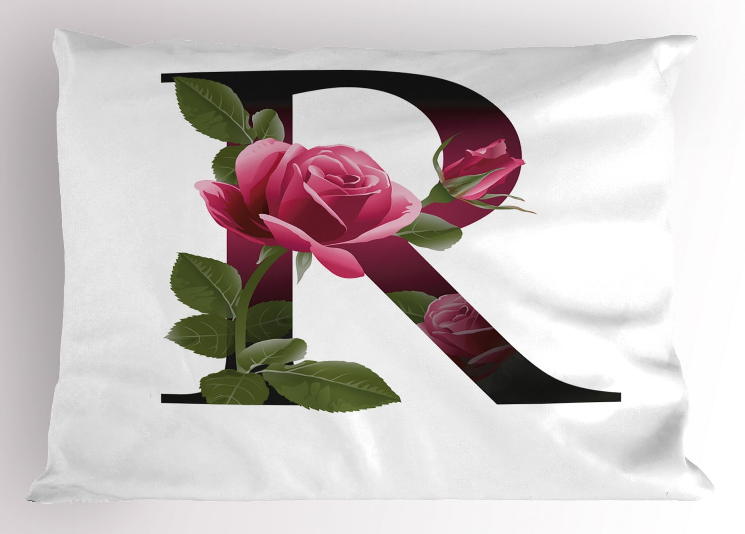 Letter R Pillow Sham Capitalized R Symbol with Flower of Love Rose Nature Inspired Font Alphabet