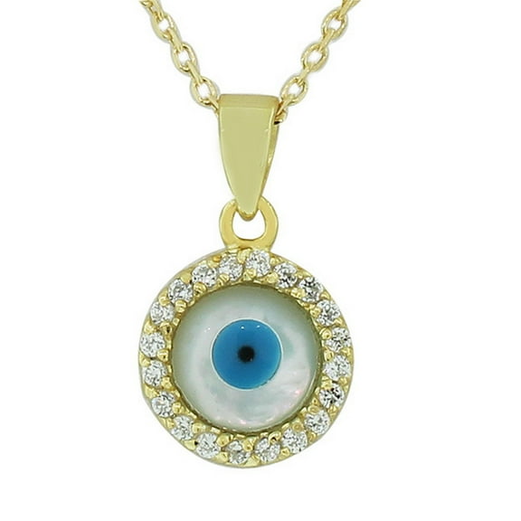 925 Sterling Silver Yellow Gold-Tone CZ Simulated Mother-of-Pearl Evil Eye Pendant Necklace