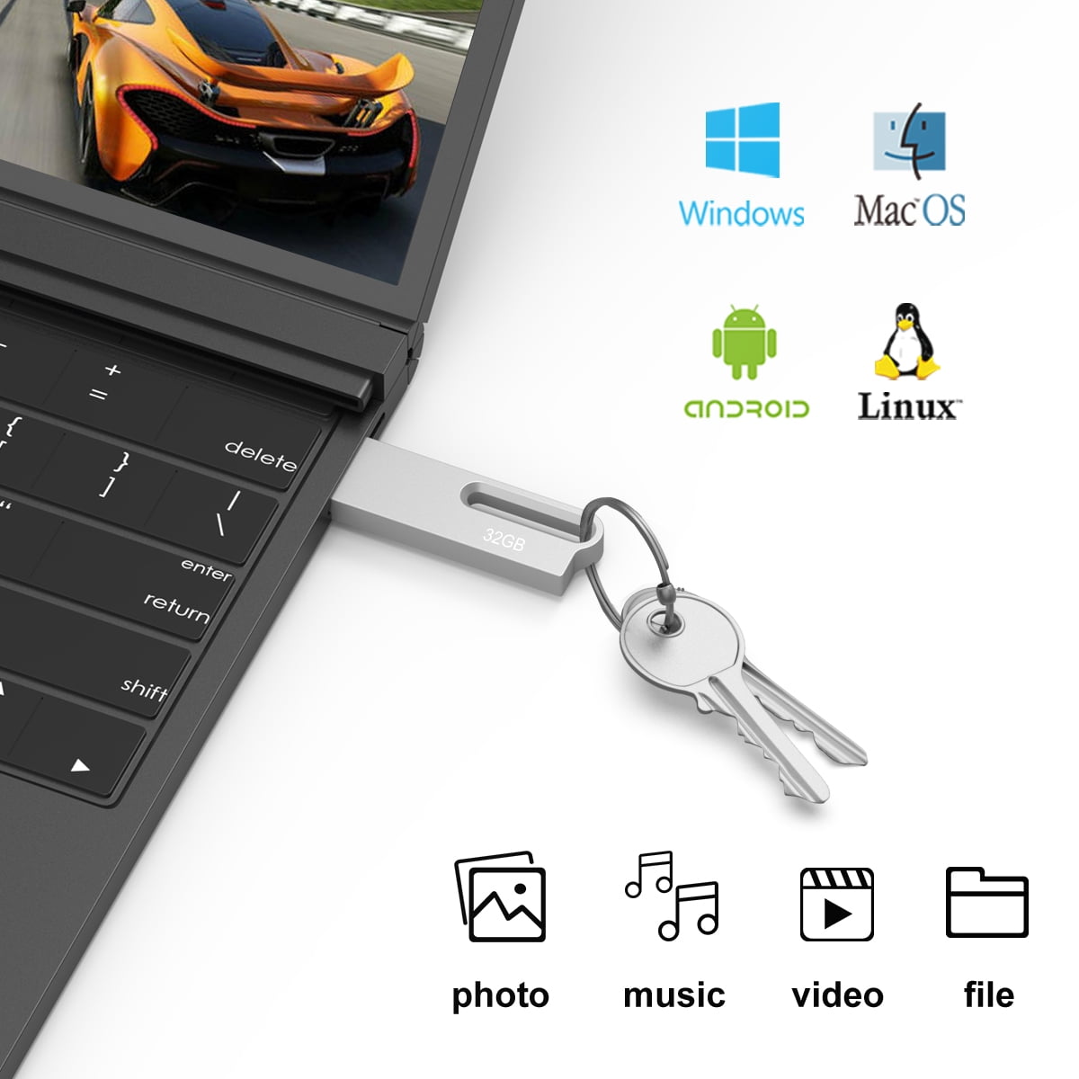 TOPESEL 32GB Flash Drive 3PCS USB 2.0 Metal USB Drive Thumb Drive Memory Stick with Keychain, Silver