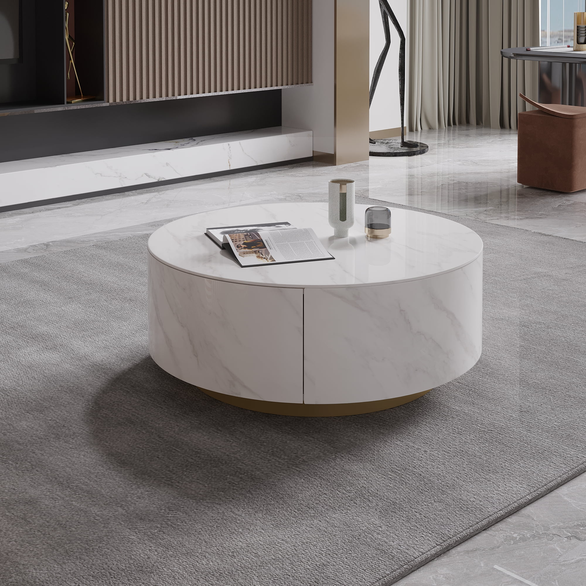 Magic Home Modern Round Coffee Table with Two Drawers,Circle Coffee Table Space-Saving Multiple Purpose for Living Room,dining room and home office,White
