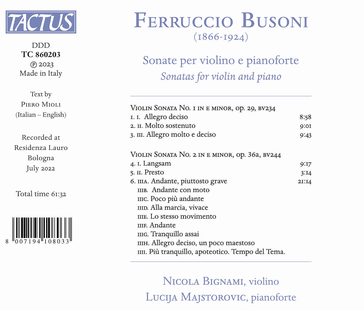 Busoni / Majstorovic / Bignami - Sonate Per Violino E Pianoforte - Music & Performance - CD