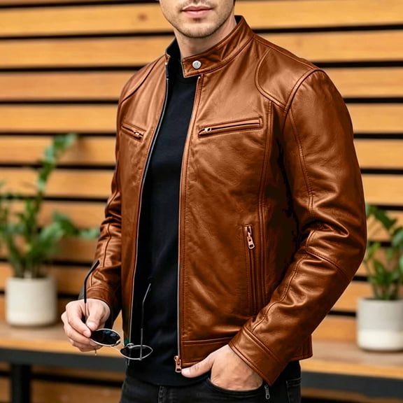 JOANKDMI Leather Jacket Men Moto Jacket Vintage Motorcycle Biker Coat Stand Collar Full Zip Casual Slim Fit PU Outerwear with Zipper Pockets for Fall Spring