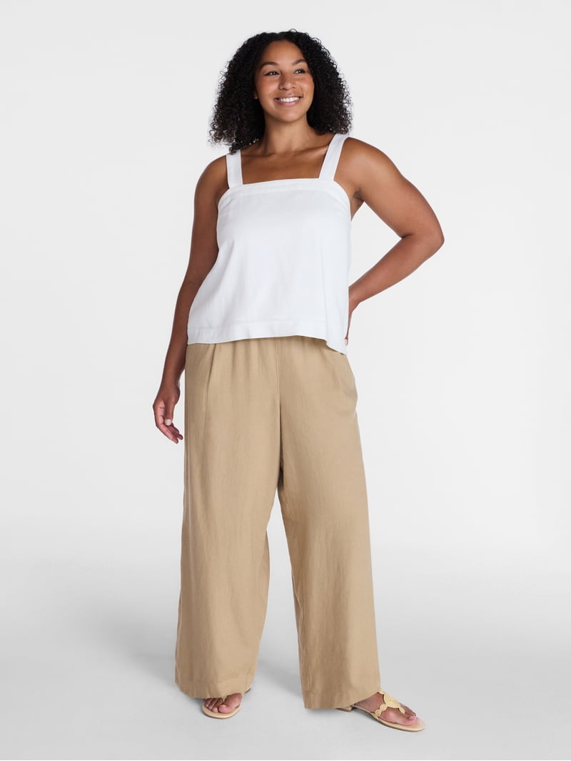 Time and Tru Women's Wide Leg Linen Blend Pants, Sizes XS-4X