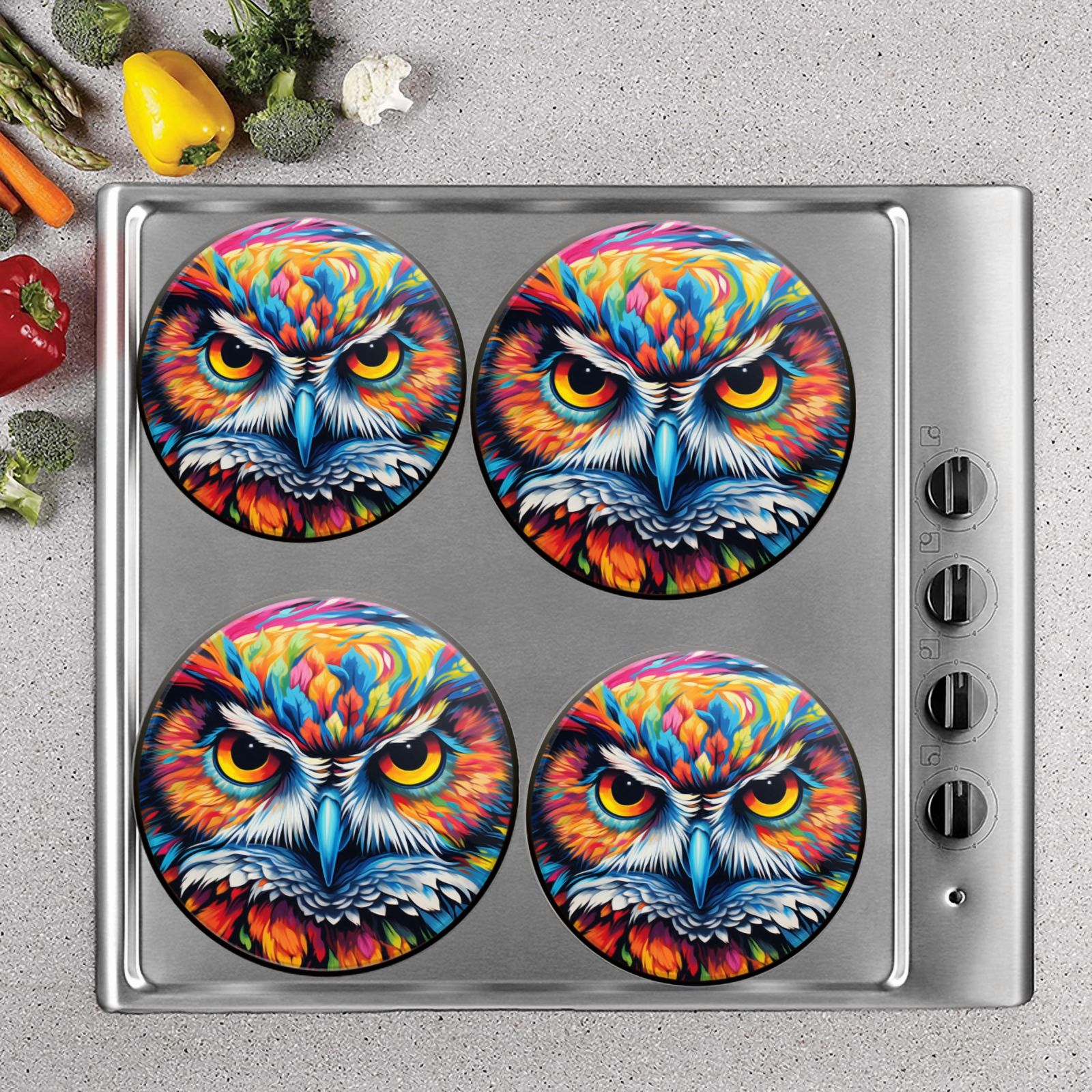BaHomeck Electric Stove Burner Covers Set of 4,Round Metal Gas Stove Burner Covers 8 Inch and 10 Inch,Kitchen Decor,Vibrant Owl With Piercing Eyes