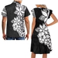thumbnail image 4 of Yuyamidu His and Hers Matching Outfits Polynesian Dress for Women Midi Dresses Hibiscus Shirt for Men Beach Shirts Button Down Short Sleeve Shirt Ruffle Sleeve Tiered Dress with Pocket, Size 2XS, 4 of 6