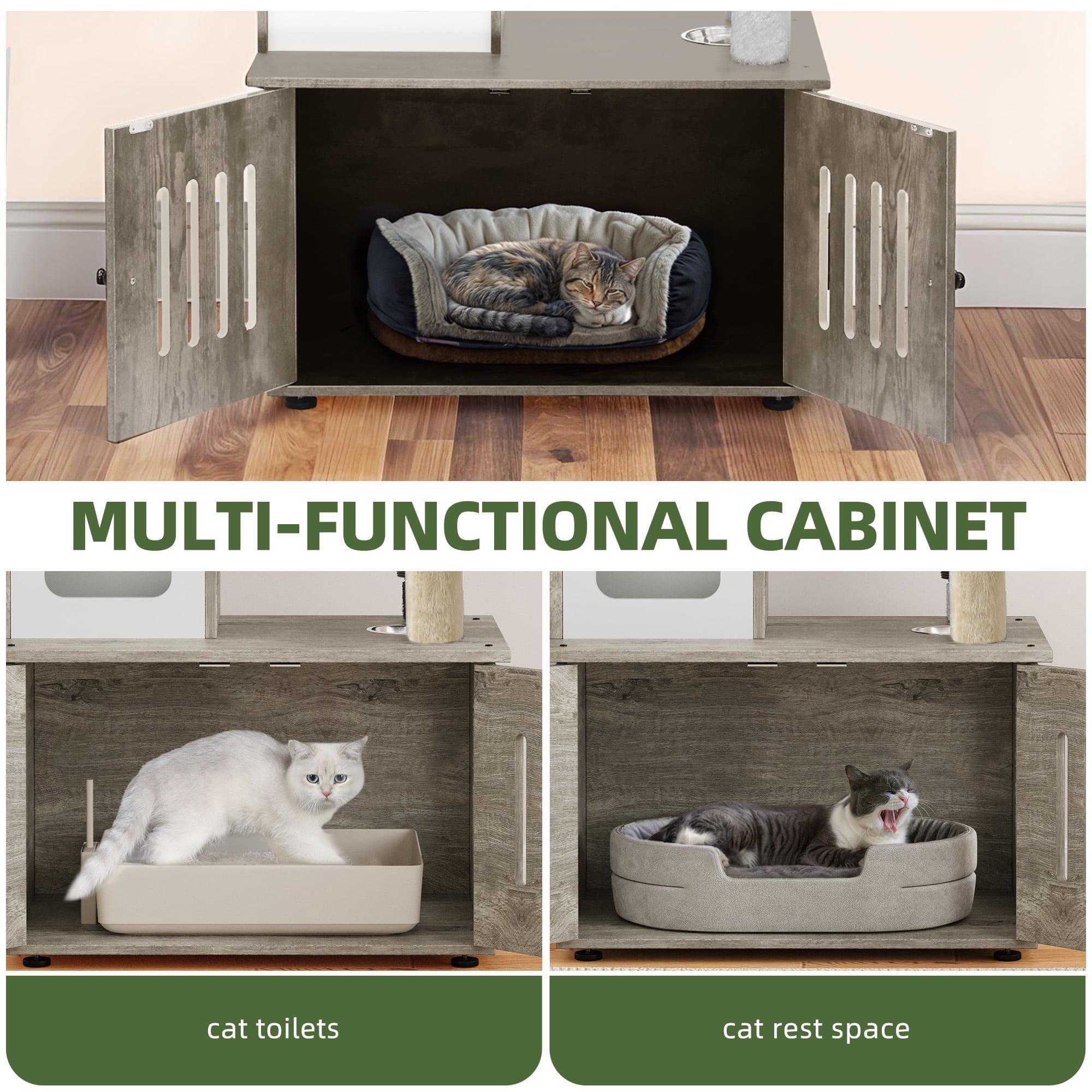 Uforic 59" Modern Wood Cat Tree for Indoor with Litter Box Enclosure and Cat Condo, 2-in-1 Cat Furniture with Scratching Posts & Hammocks, Gray