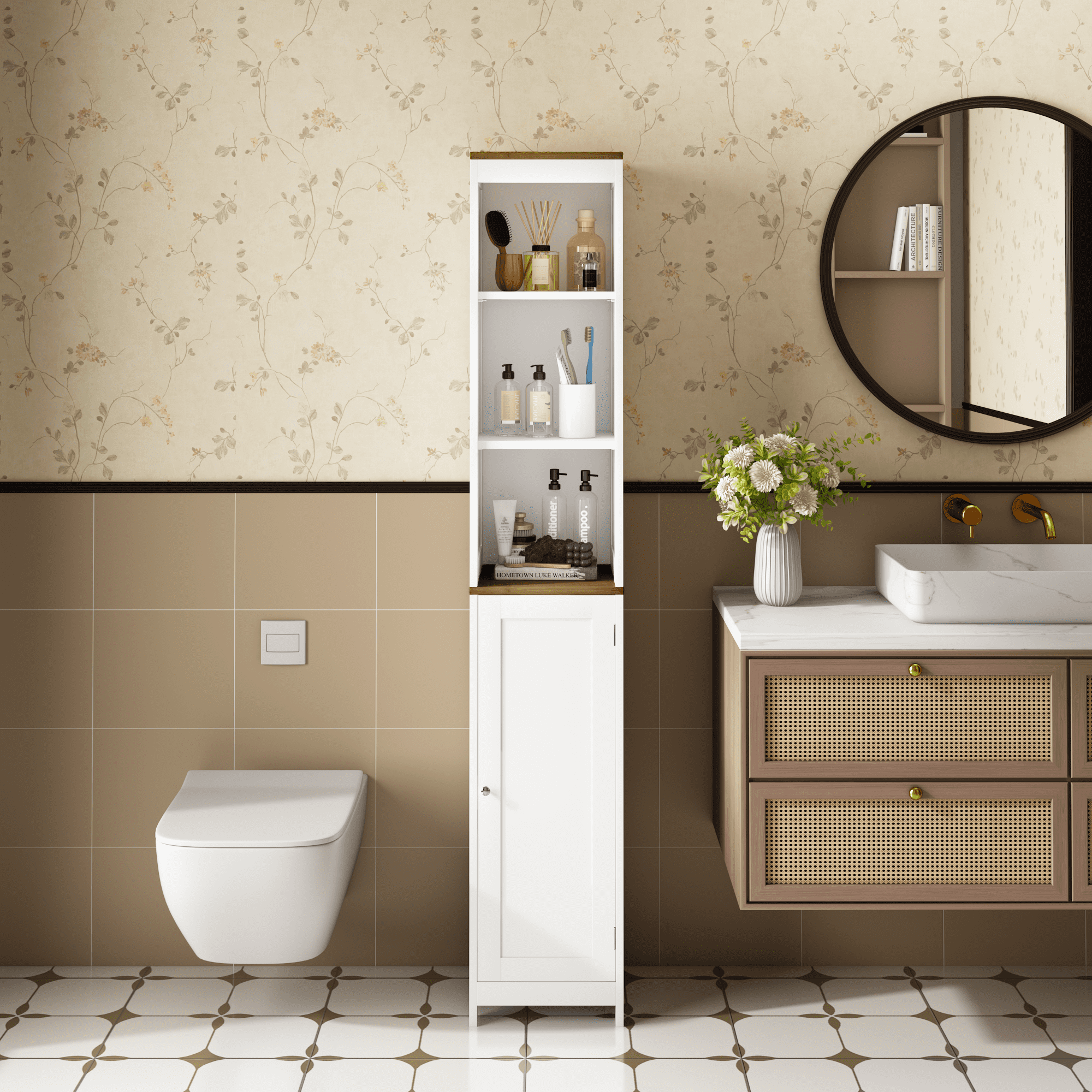 Tall Bathroom Storage Cabinet with Reversible Door, Freestanding Linen Tower with Open Shelves and Enclosed Cabinet, Narrow Floor Cabinet Organizer for Bathroom, Laundry Room or Small Spaces – White