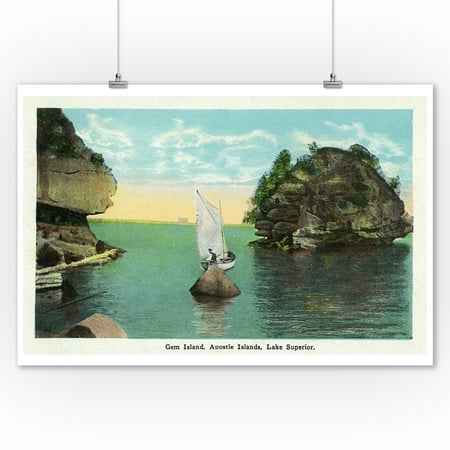 - Lake Superior, Wisconsin - Apostle Islands, Gem Island Scene (9x12 Art Print, Wall Decor Travel Poster)
