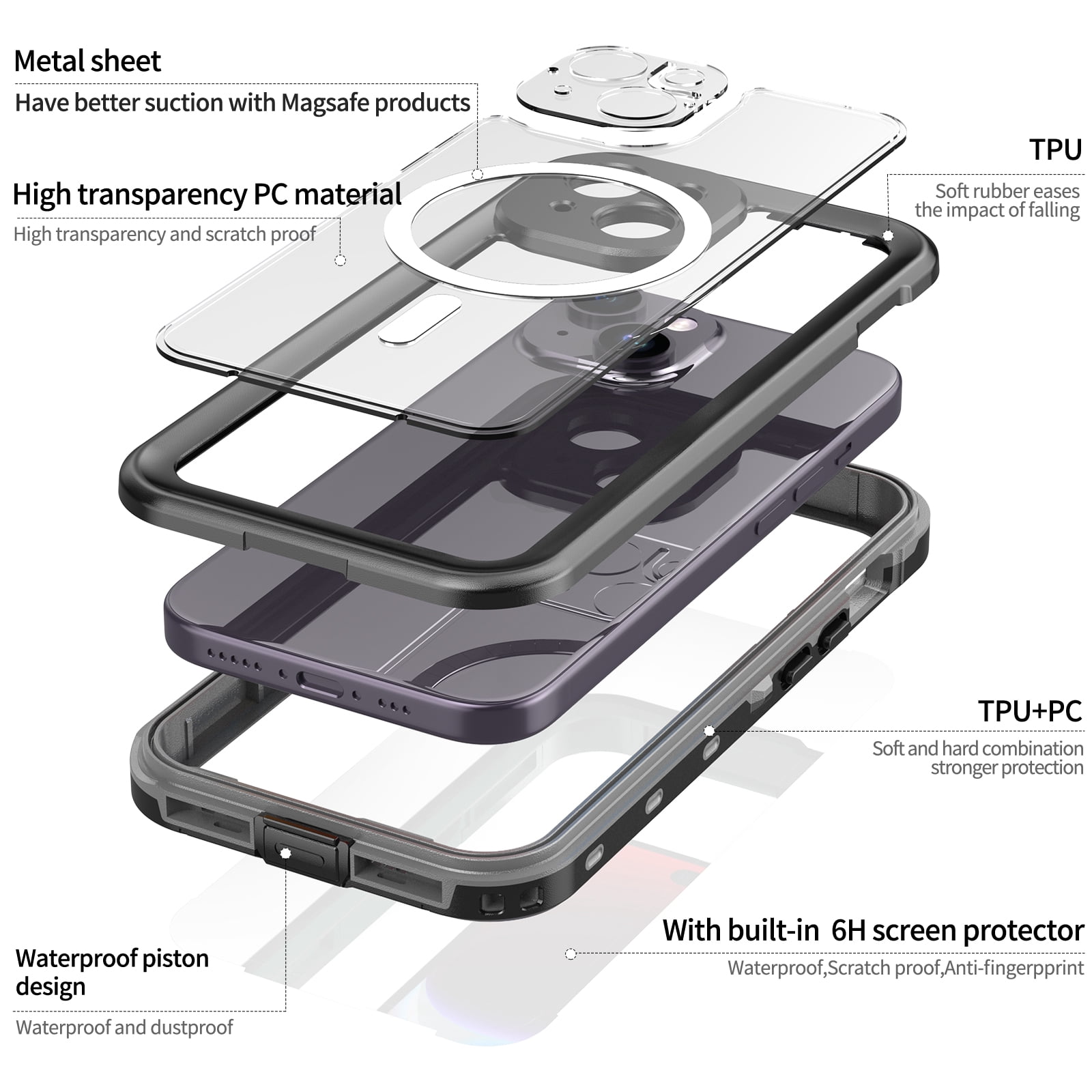 Allytechgroup Waterproof Case for iPhone 15, Full Body Protection Built-in Screen Protector MagSafe Wireless Charging Dustproof Shockproof Cover Case with Transparent PC, Black