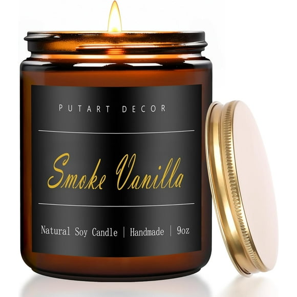 Putart Smoke Vanilla Highly Scented Candle for Home, 9oz Natural Soy Aromatherapy Non Toxic Candles with Essential Oil, Home Fragrance Stress Relief & Meditation Jar Candles Gifts for Women & Men