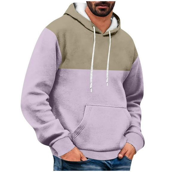CQONEPT Hoodies for Mens Dressy Casual Athletic Sweatshirts Color Block Pullover Comfy Clothes with Pockets Purple XL