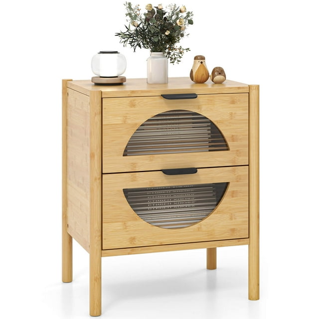 Costway 1 PCS Bamboo Nightstand with 2 Storage Drawers & Reeded Tempered Glass Fronts Bedroom