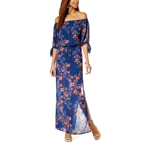 Juniors' Off-The-Shoulder Tie-Cuff Maxi Dress Navy/Pink S