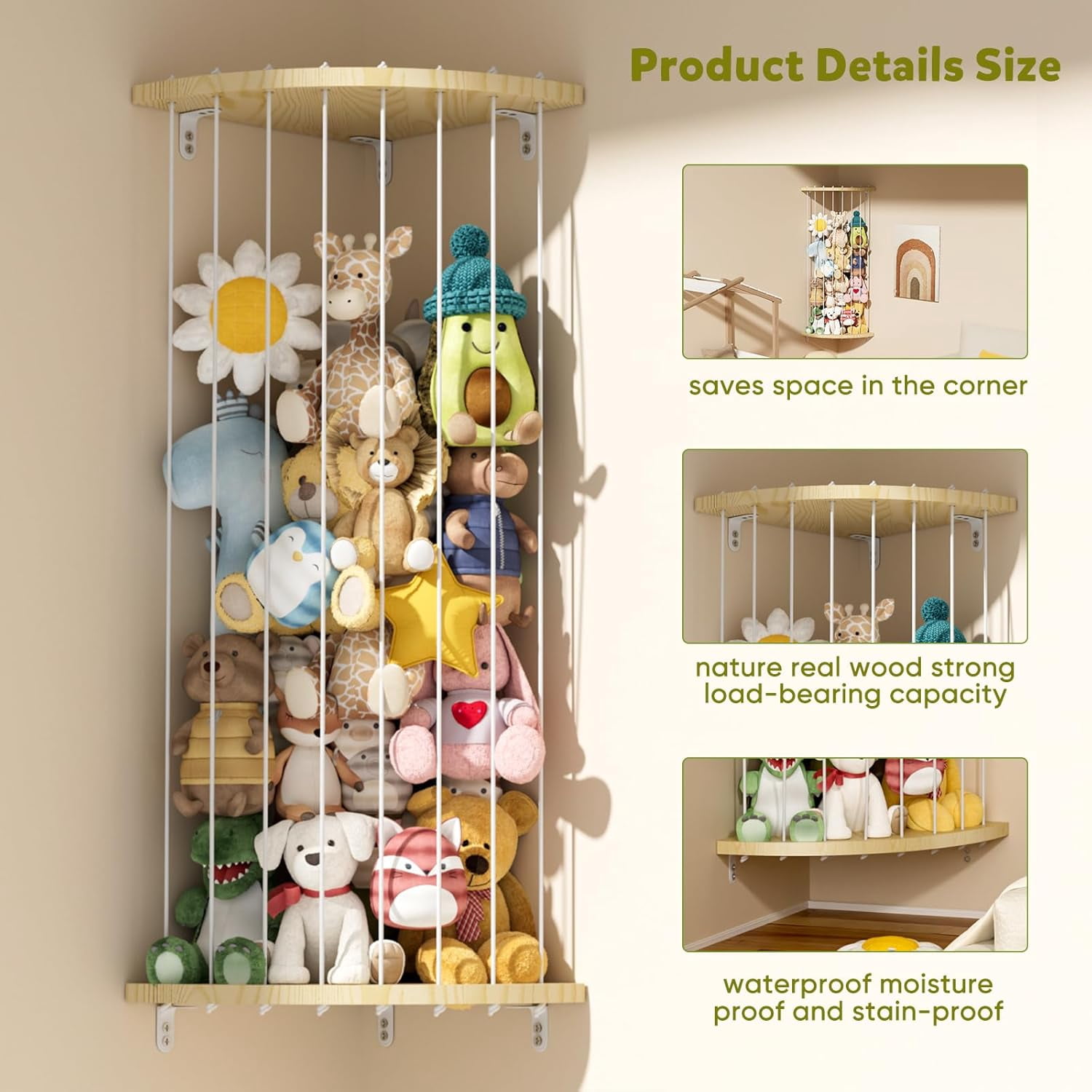 ZYHYPWW Wooden Stuffed Animal Storage Shelf, Star Pattern Adjustable Hanging Plush Toy Organizer, Corner Toy Holder for Kids Bedroom Nursery Playroom