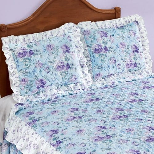 Romantic Lavender Roses on Ruffled Light Blue Pillow Sham
