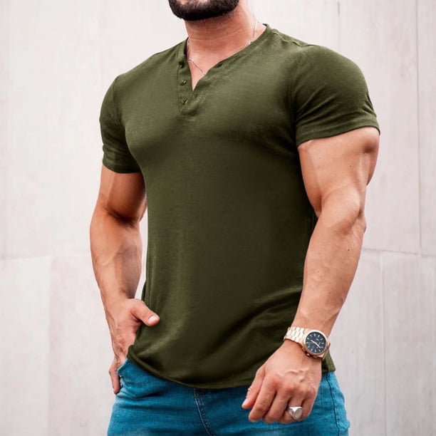 Playera Elvqul para Hombre Verde del Ejército Casual Deportivas de Color Sólido Manga Corta Cuello Redondo Botones