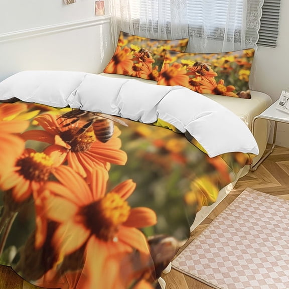 Happy Cute Bees Duvet Cover Set Themed Multicolor Polyester Bedding Set for Bedroom Decoration with 2 Pillow Shams