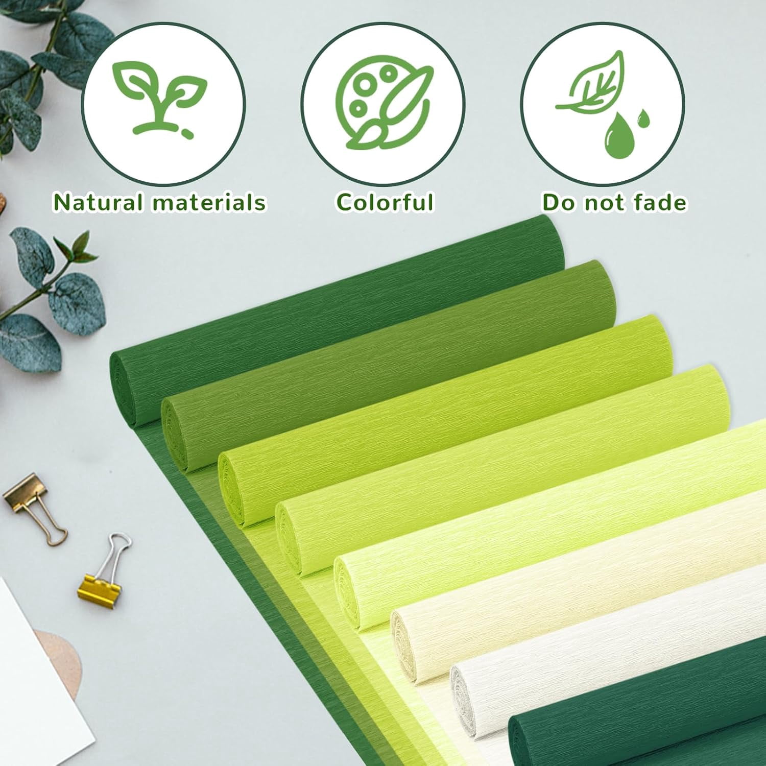 Crepe Paper Streamers 8 Rolls, 10 x 98Inch 8 Green Colors Crepe Paper Sheets for DIY Gift Colourful Paper Flower Wrapping Paper Crafts Birthday Wedding Holiday Party Decorations