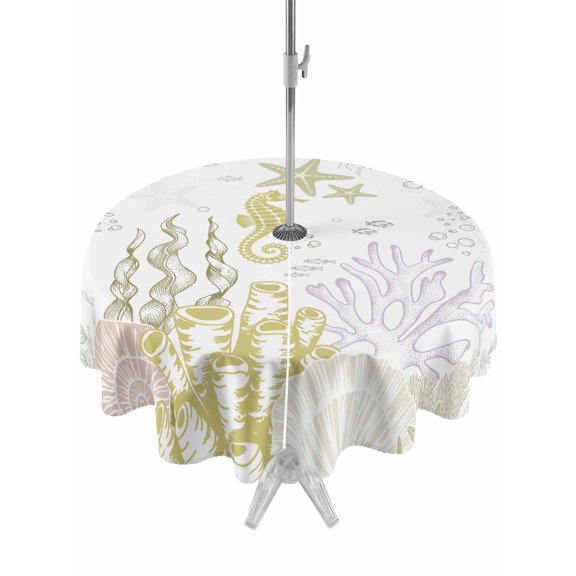 Outdoor Tablecloth with Umbrella Hole and Zipper, Coastal Round Table Cloth 60 Inch Waterproof Tablecloth, Yellow-green Ocean Coral Starfish Jellyfish Picnic Table Cover for Patio Camping
