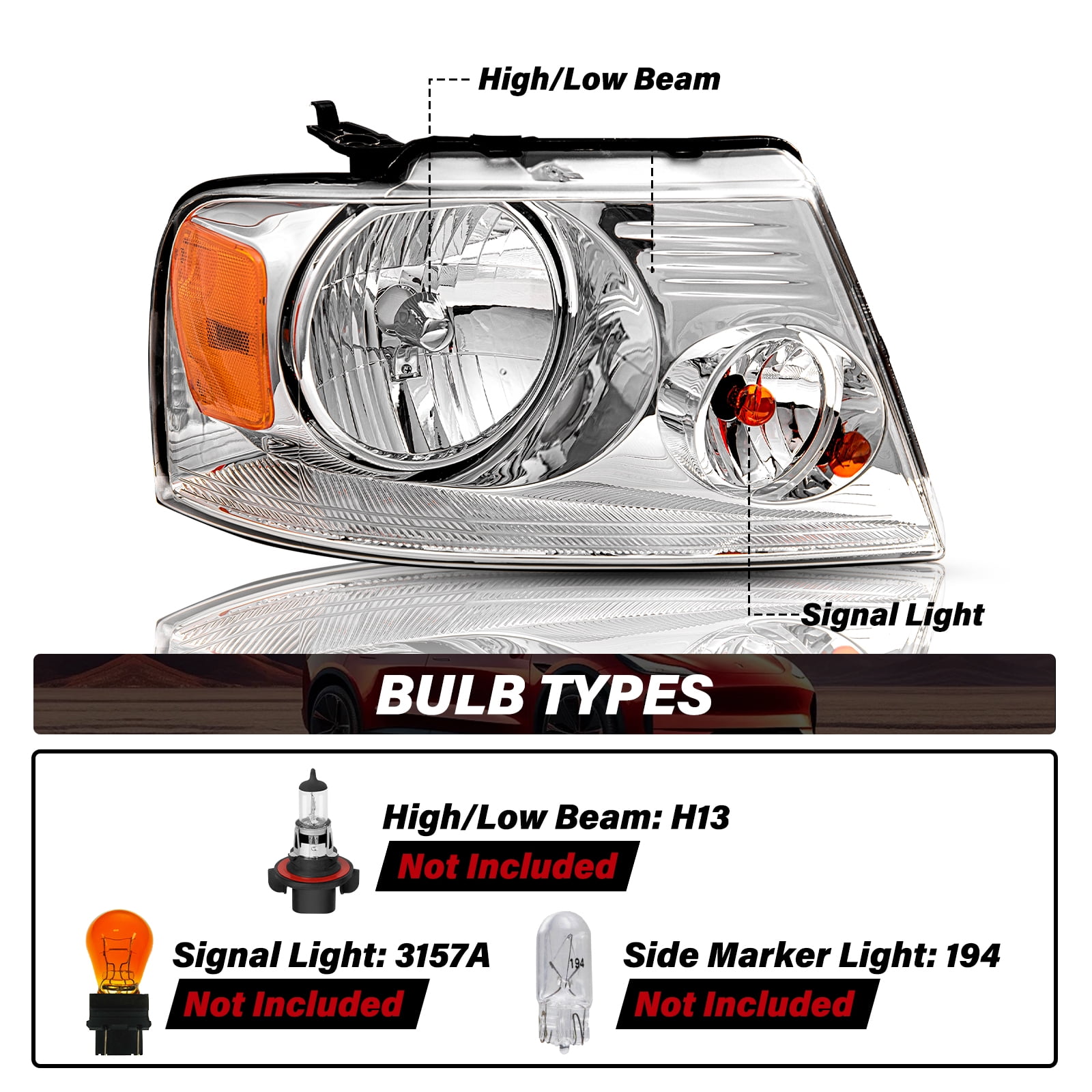 BRYGHT-For 2004-2008 Ford F-150 F150 Halogen Chrome Housing Headlights LH+RH Pair Headlamp