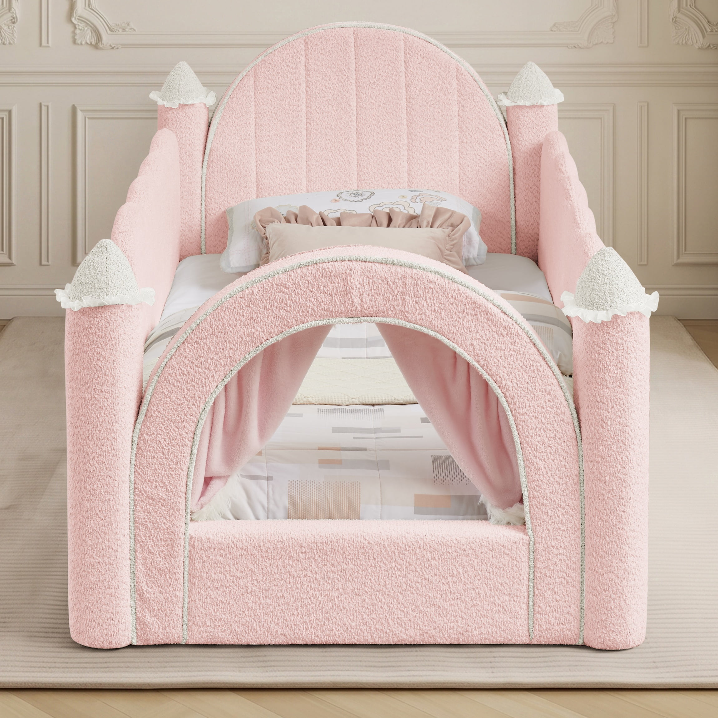 Twin Size Castle-Shaped Kids Floor Bed with Safety Guardrail, Low Profile Upholstered Platform Bed Frame with Small Curtain