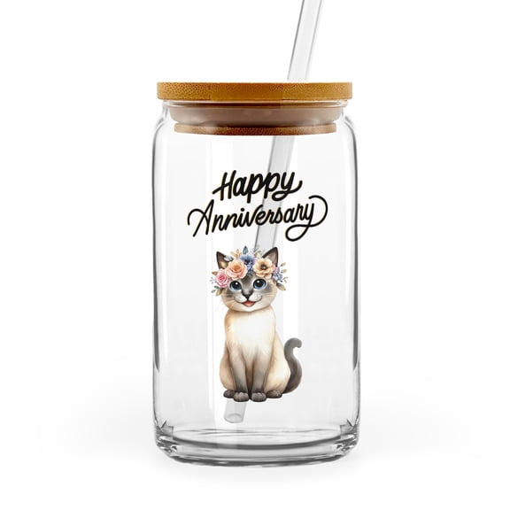 Happy Anniversary Siamese Celebrates Wedding Love Family Party 16oz Glass Cup Mug Cat Lover Kitten Owner Gifts Glass Can with Bamboo Lid and Straw - 01015