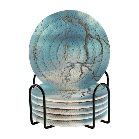 6 Pcs Drink Coasters with Holder Absorbent Coasters Minimalist Home Decor Coaster Set Stylish Handmade Round Woven Coaster for Drinks Table Desk Protection Blue Sky Water and Dead Tree