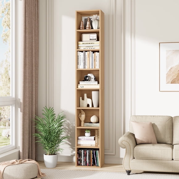 Homfa 8-Tier Wood Bookcase, 71'' Tall Storage Cube Organizer with Adjustable Shelves, Nature