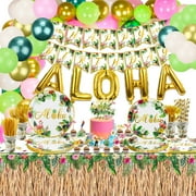 Luau Decorations PriNst Hawaiian Birthday Decorations Aloha Supplies with Plates, Grass Skirt Tablecloth, Napkins, Cups, Cake Toppers, Balloons Arch Kit for Summer Beach Party, Serves 20