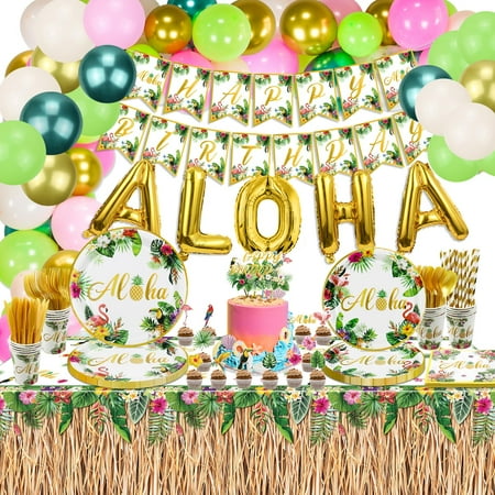 Luau Decorations PriNst Hawaiian Birthday Decorations Aloha Supplies with Plates, Grass Skirt Tablecloth, Napkins, Cups, Cake Toppers, Balloons Arch Kit for Summer Beach Party, Serves 20