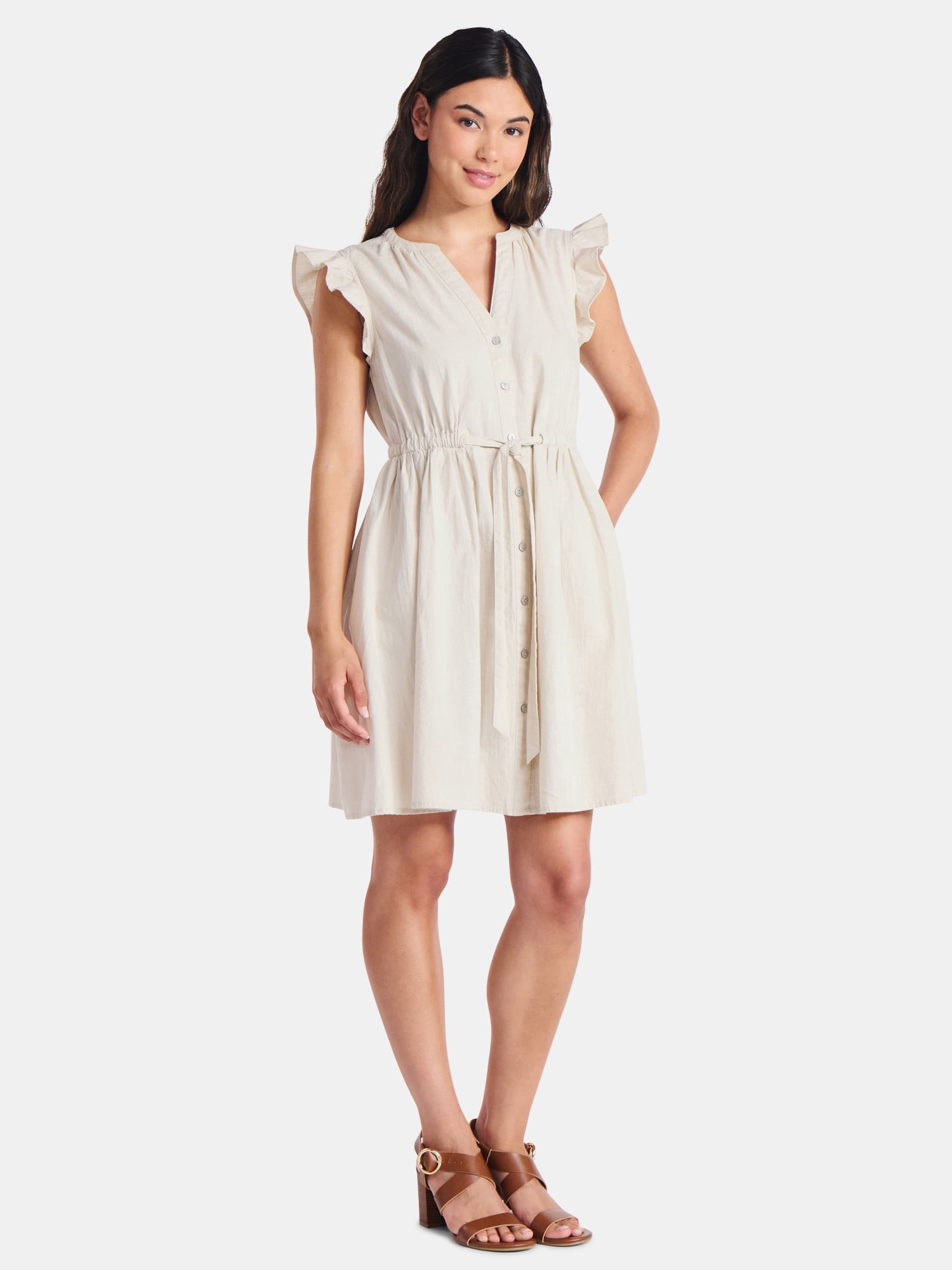 Time and Tru Women's and Women's Plus Button Front Cotton Mini Dress with Flutter Sleeves, Sizes XS-4X