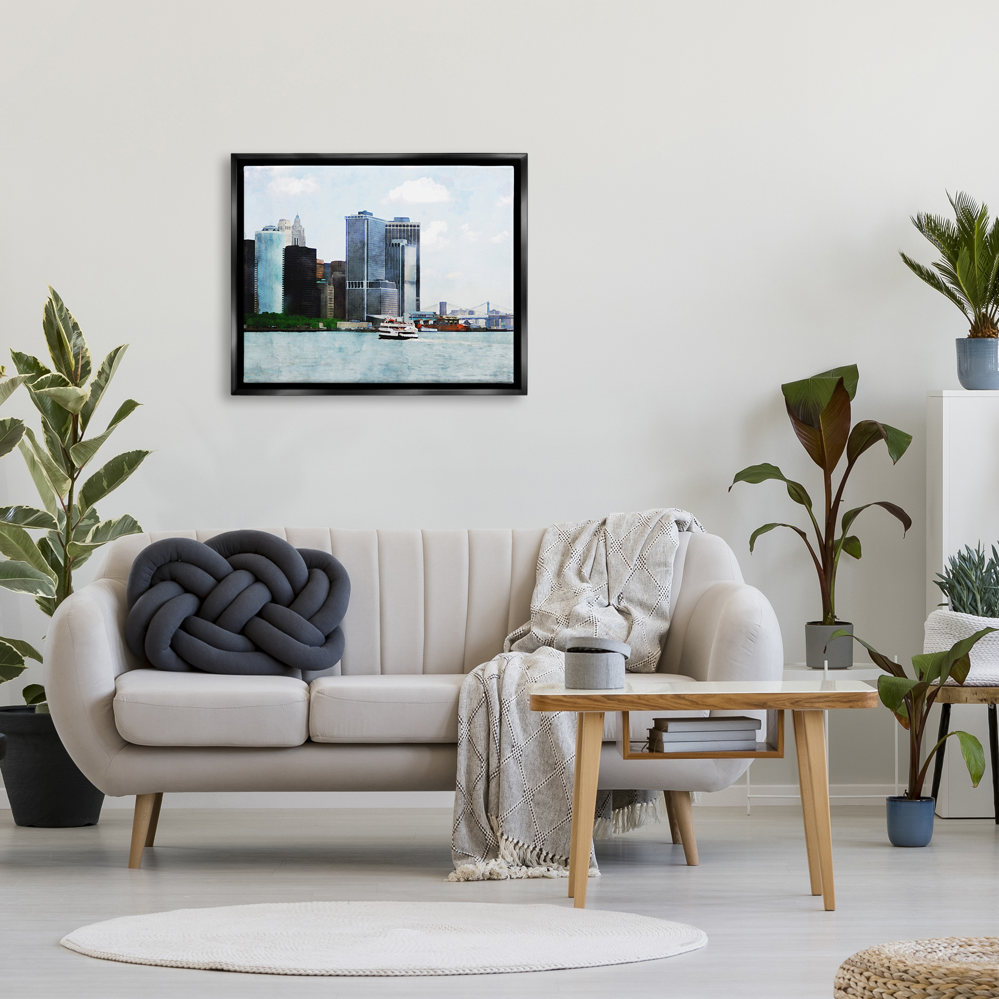 Stupell Industries New York Harbor Cityscape Town & City Painting Black Floater Framed Art Print Wall Art
