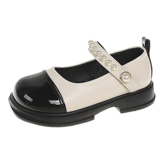 GiLiling Girls Mary Jane Dress Shoes, Two-Tone PU Leather Pearl Ankle Strap, Non-Slip Sole Flats School Parties Weddings Footwear (Black, 3.5-4 Years)