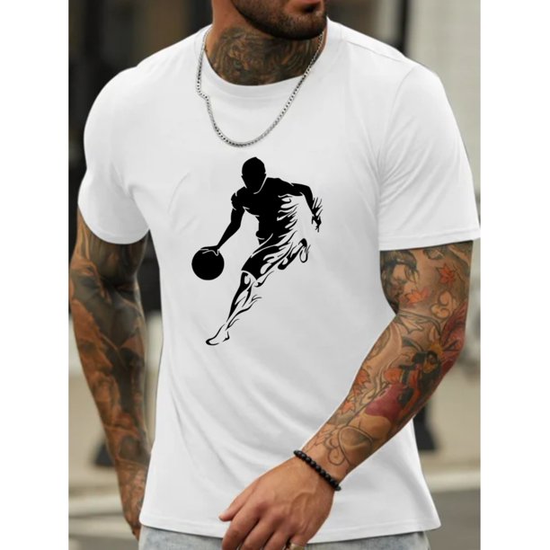 Camiseta con estampado de jugador de baloncesto en contraste, cuello redondo y manga corta, estilo casual y elegante para actividades al aire libre de verano.