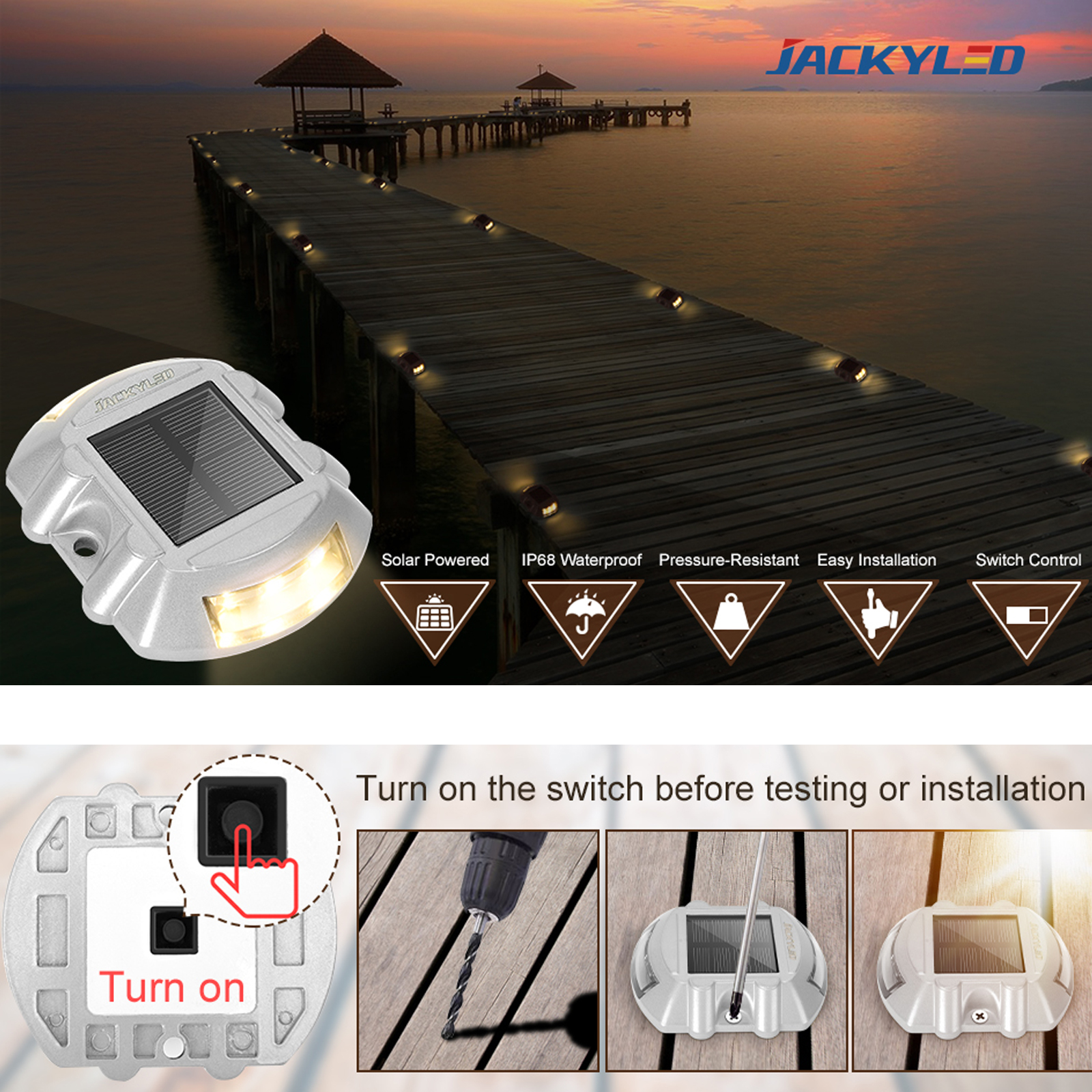 JACKYLED 6x Solar Dock Lights with Switch Warm Solar Powered Driveway  Marker Lights Waterproof Outdoor LED Deck Lighting Road Studs for Marine  Step Stair Garden Sidewalk Path