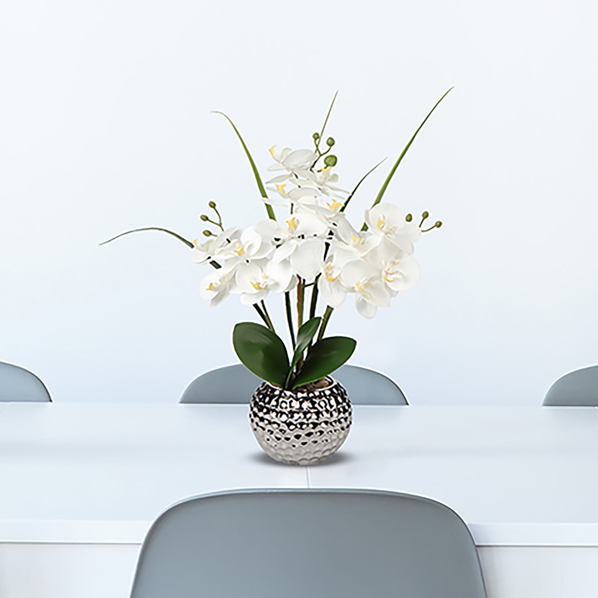 20'' Orchids Artificial Flowers, White Faux Orchid Flowers with Silver Vase Realistic Phalaenopsis Flowers for  Home