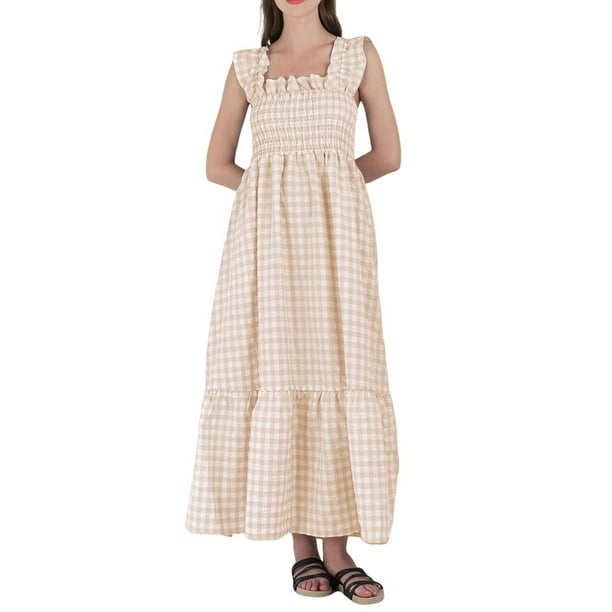 Vestido Retro A Cuadros con Fruncido, Tirantes Finos y Volantes para Mujer Crema S