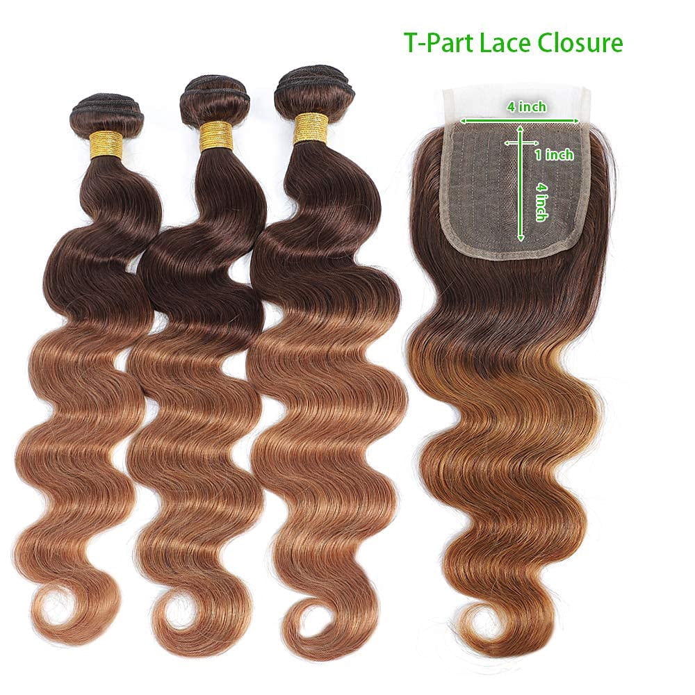 Ustar Two Tone Ombre T4/30 Body Wave Hair 3 Bundles with T-Part Lace Closure Middle Part 100% Unprocessed Brazilian Remy Virgin Hair Body Wave Human Hair Bundles 12"14"16" with Closure 12"