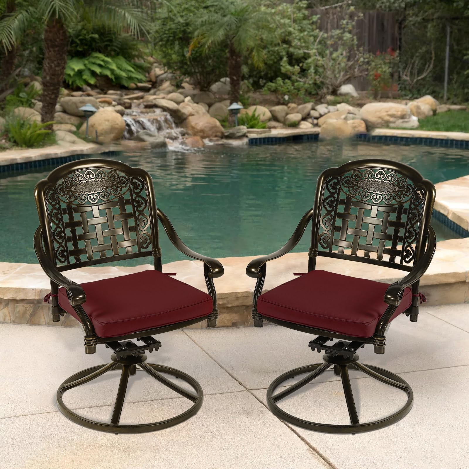 MEETWARM 2 Piece Patio Dinning Swivel Chairs Rocker, Outdoor All-Weather Cast Aluminum Chairs with Cushions, Patio Bistro Dining Chair Set for Garden Deck Backyard, Chili Red