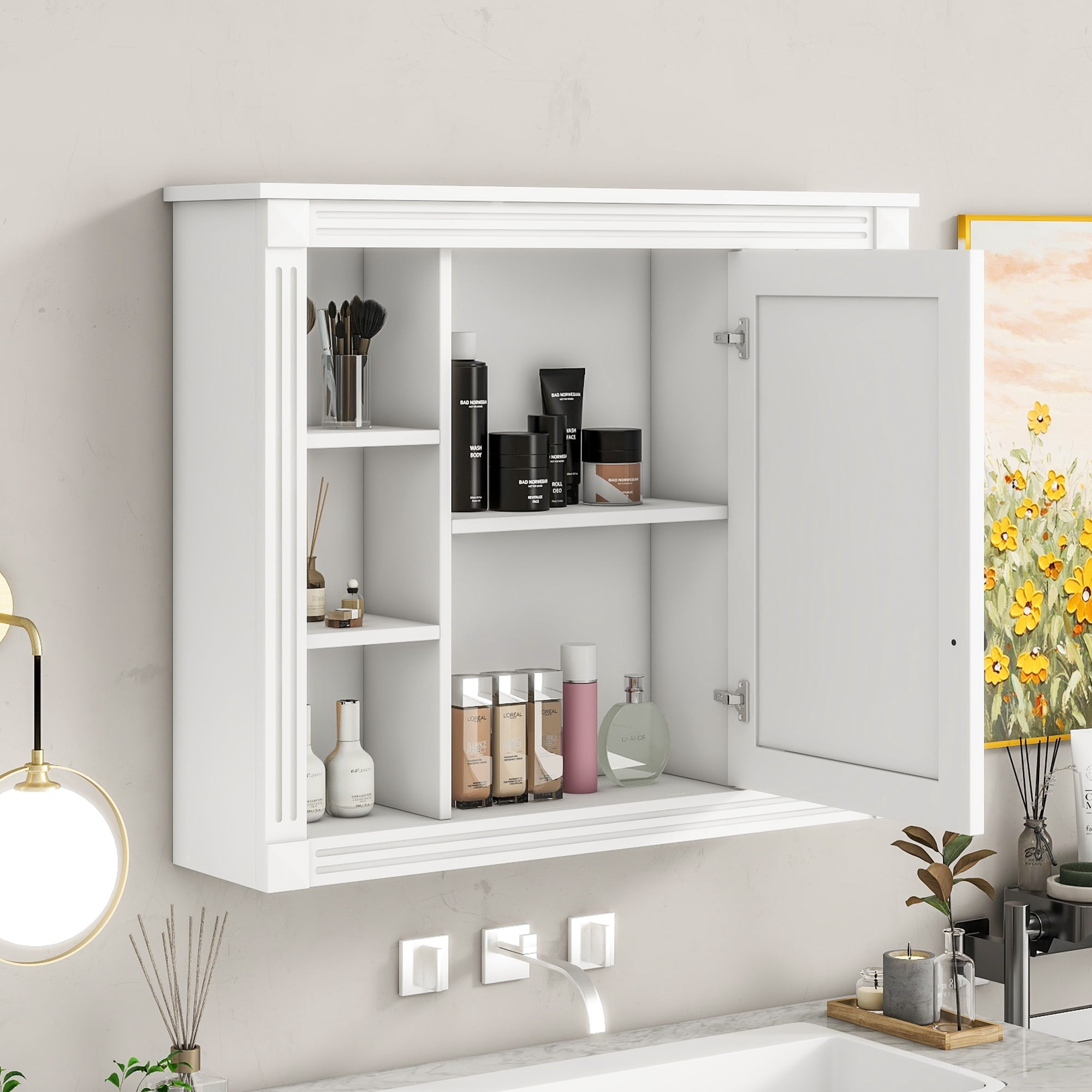 35'' x 28'' Wall Mounted Bathroom Storage Cabinet, White Medicine Cabinetwith Mirror, Mirror Cabinet and 6 Open Shelves