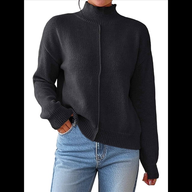 Suéteres de Otoño para Mujer, Jersey de Punto Acanalado de Larga, Holgado, con Cuello Alto, Ligero y Casual Negro M
