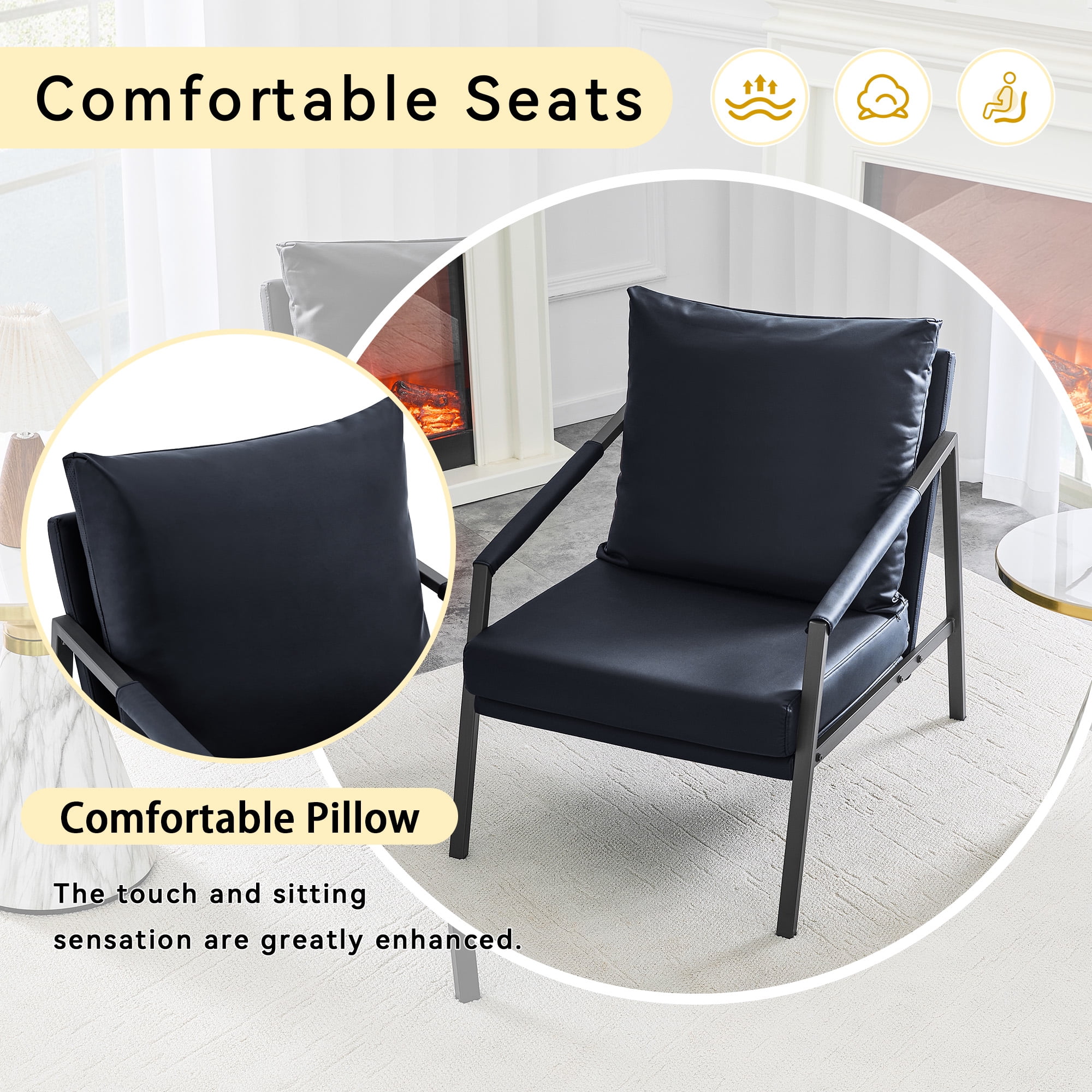 Alvantor Black Faux Leather Accent Chair with Black Metal Frame and Armrests