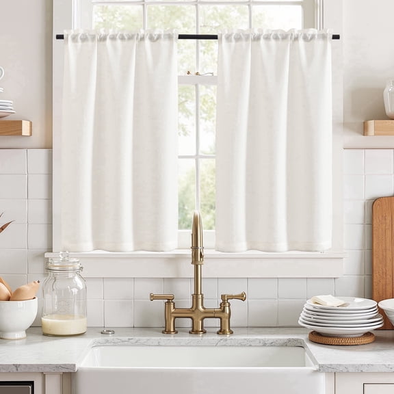 Curtainking Cream White Kitchen Curtains 36 inch Linen Textured Cafe Curtains for Bathroom Farmhouse Light Filtering Tier Curtains Rod Pocket 2 Panels