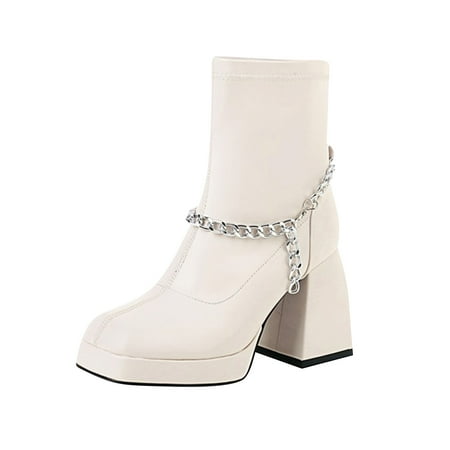 

jsaierl Women s Low Drum Metal Chain Thick High Heel High Warm Knight Ankle Boots