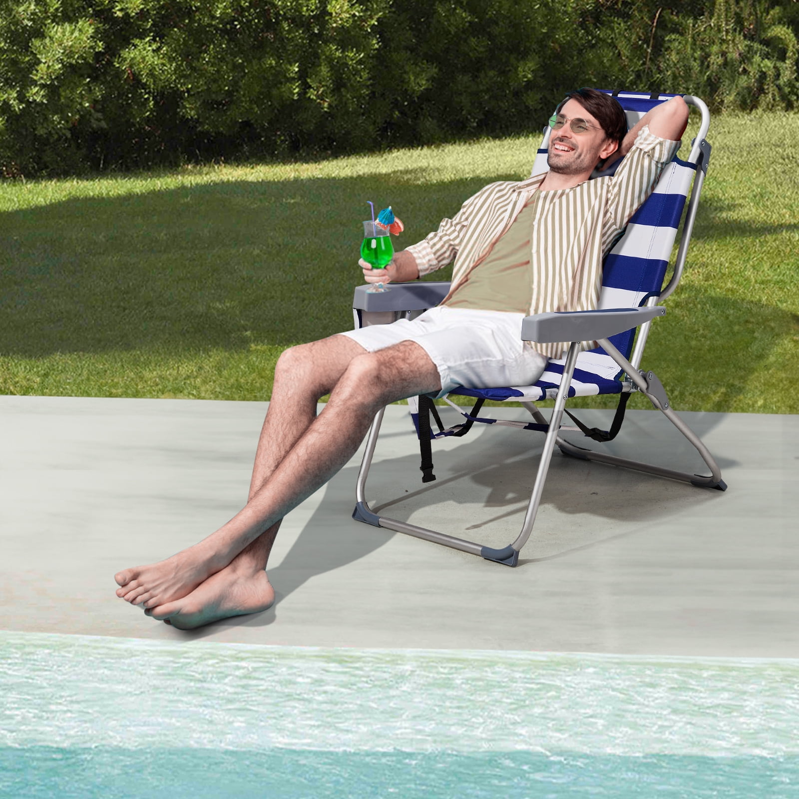 Beach Chair, Heightened Oxford Cloth Silver White Aluminum Tube Bearing Blue Stripes 63*70*99cm