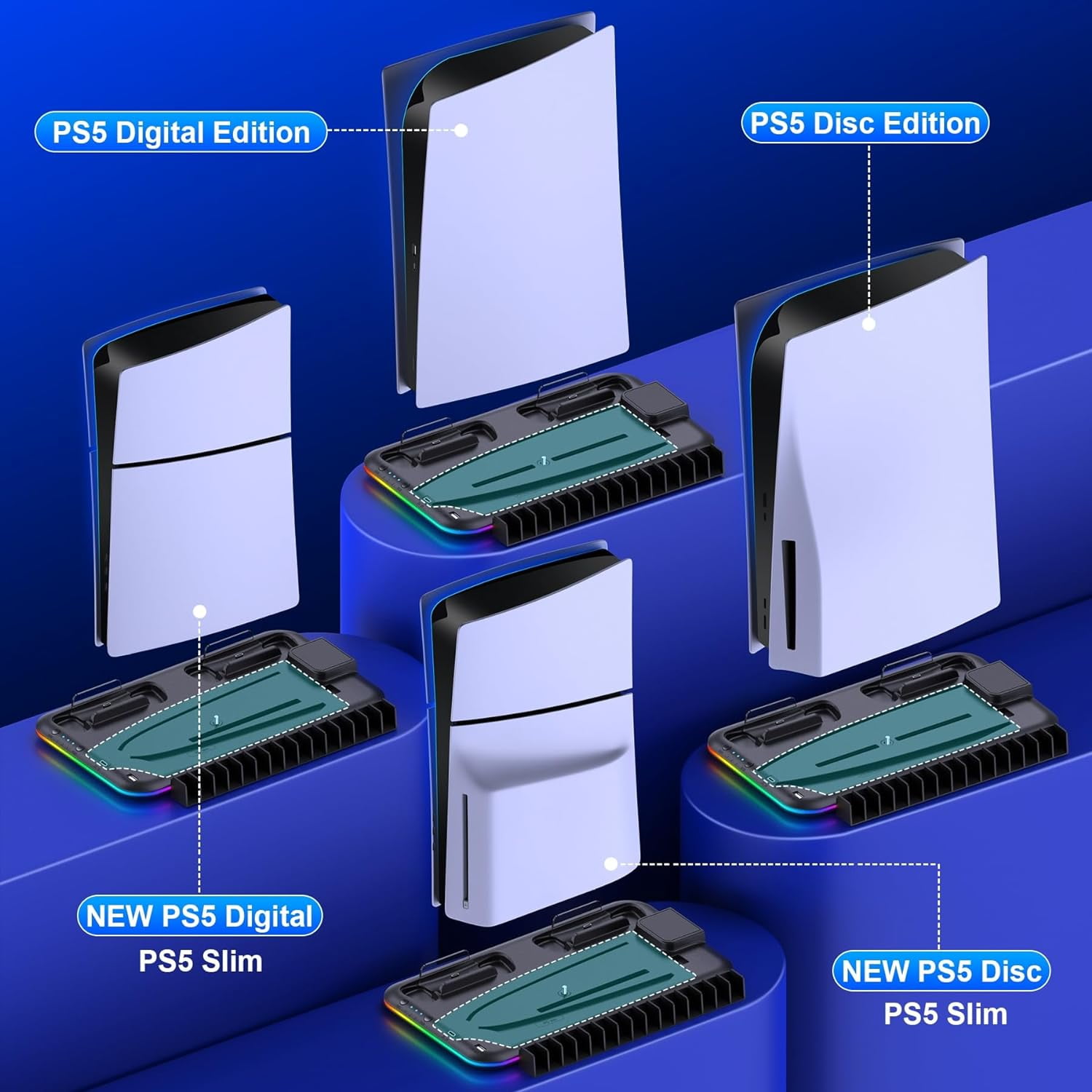 PS5 Slim Stand and Turbo Cooling Station with Controller Charging Station for Playsation 5, PS5 Accessories Incl. 3 Levels Cooling Fan, RGB Light, 15 Game Storage, Headset Holder for PS5 Digital/Disc