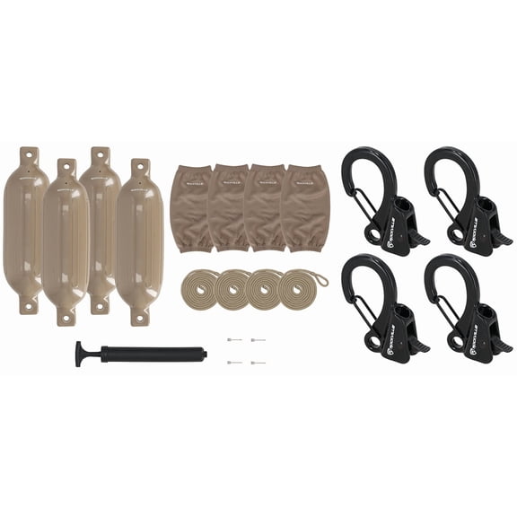 Rockville FEN465-SAND Bundle: 4 Boat Fenders 6.5 x 23 Inch with Covers, 10-Foot Lines, Pump and Needles, RQA-4 Quick Release Clips, 21-items