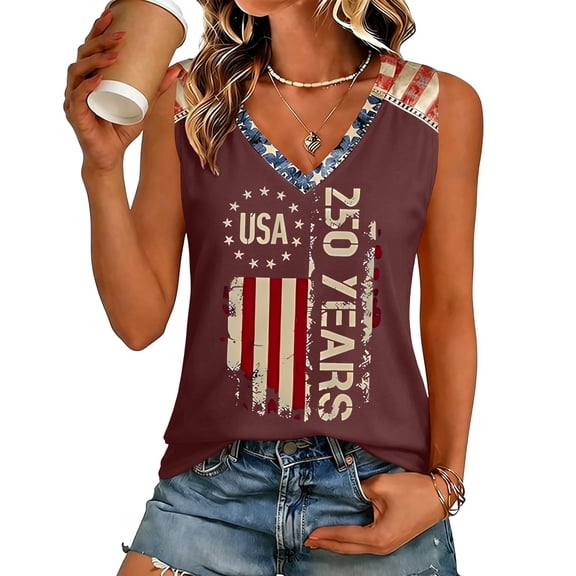 250 Anniversary Shirt for Women V Neck Sleeveless Tank Top Patriotic Vest 250th Anniversary USA Flag Tee 1776-2026 Gift Wine M
