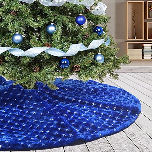 Falda para árbol de Navidad Atiming de felpa azul 90 cm con lentejuelas