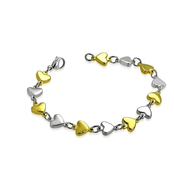 Stainless Steel Two-Tone Love Heart Link Chain Bracelet, 8"